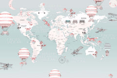 Tapet Personalizat Micii Exploratori cu harta lumii cu animale, baloane cu aer cald si avioane pe un fundal albastru deschis - LIGHT CYAN MAP
