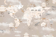 Tapet Personalizat Micii Exploratori cu harta lumii cu animale, baloane cu aer cald si avioane pe un fundal bej cu nori si accente de lumina - TWINKLE CLOUDY MAP