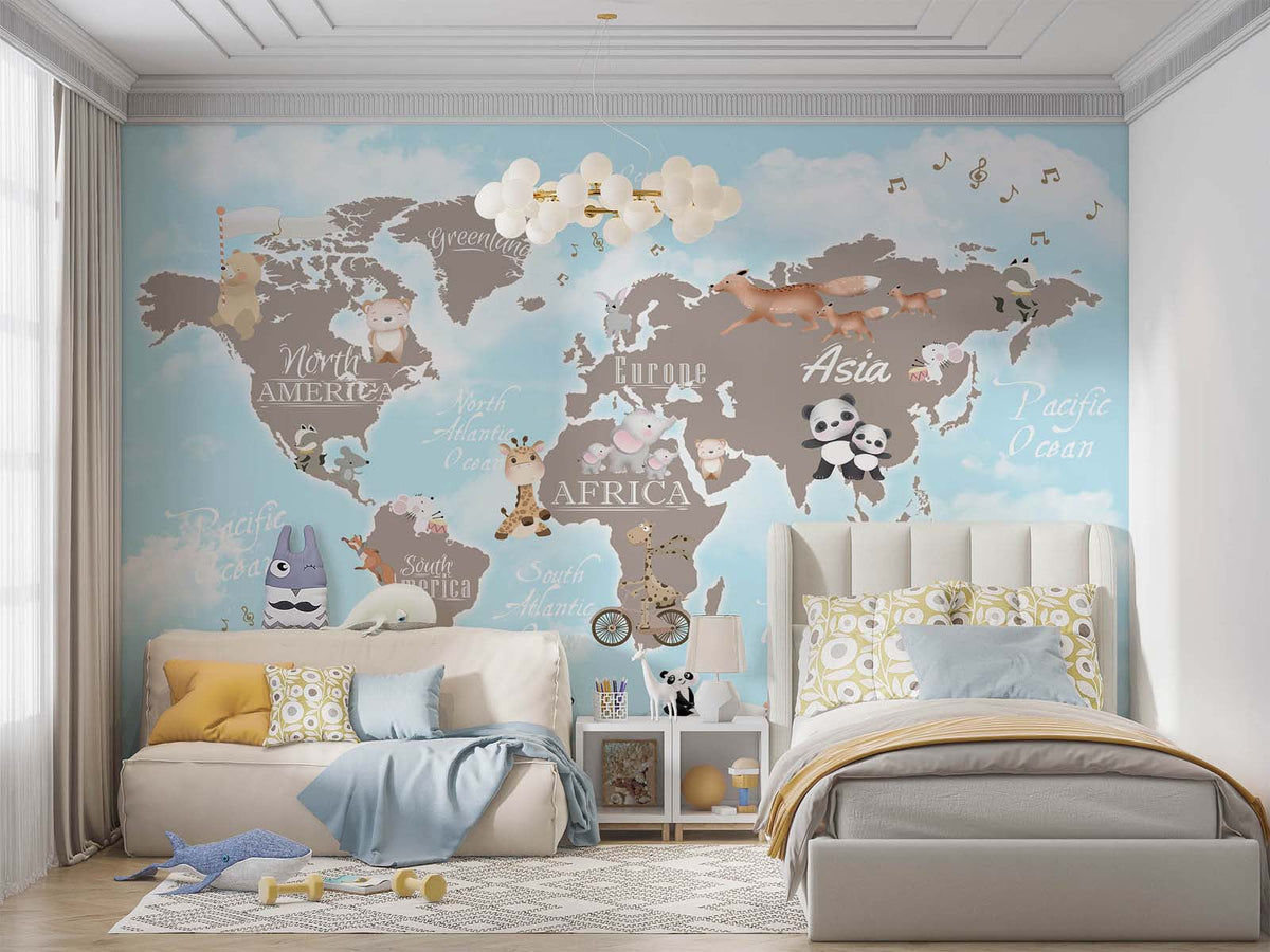 Tapet Personalizat Micii Exploratori cu continente si animalute ilustrate intr-un peisaj de iarna cu munti inzapeziti - BABY ANIMALS WINTER MAP