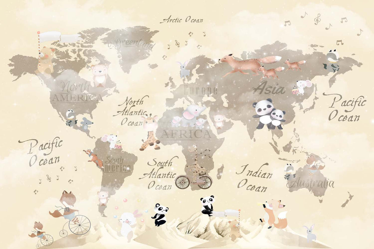 Tapet Personalizat Micii Exploratori cu continente si animalute ilustrate intr-un peisaj cu munti in nuante bej - DESERT MOUNTAIN MAP