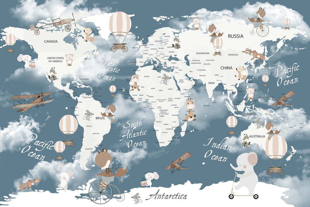 Tapet Personalizat Micii Exploratori cu harta lumii cu continente in nuante de alb si oceanul albastru - WINTER OCAN MAP