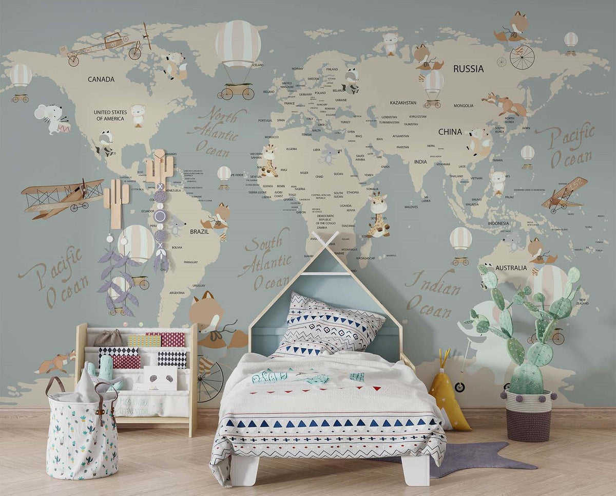 Tapet Personalizat Micii Exploratori cu harta lumii si animale calatoare - TRAVELING ANIMALS MAP