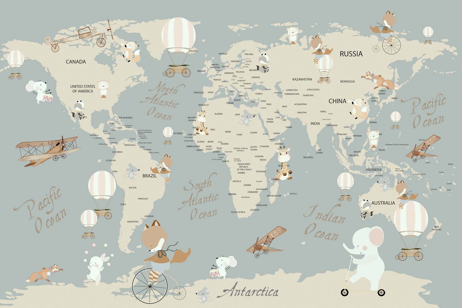 Tapet Personalizat Micii Exploratori cu harta lumii si animale calatoare - TRAVELING ANIMALS MAP