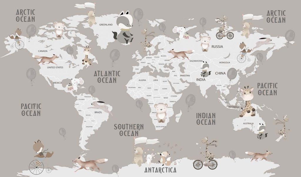 Tapet Personalizat Micii Exploratori cu harta lumii si animale calatoare pe un fundal bej - TRAVELING ANIMALS MAP GREJ