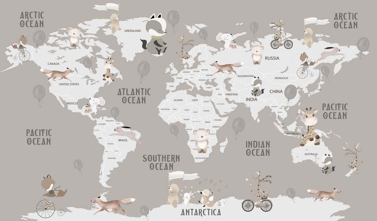 Tapet Personalizat Micii Exploratori cu harta lumii si animale calatoare pe un fundal bej - TRAVELING ANIMALS MAP GREJ