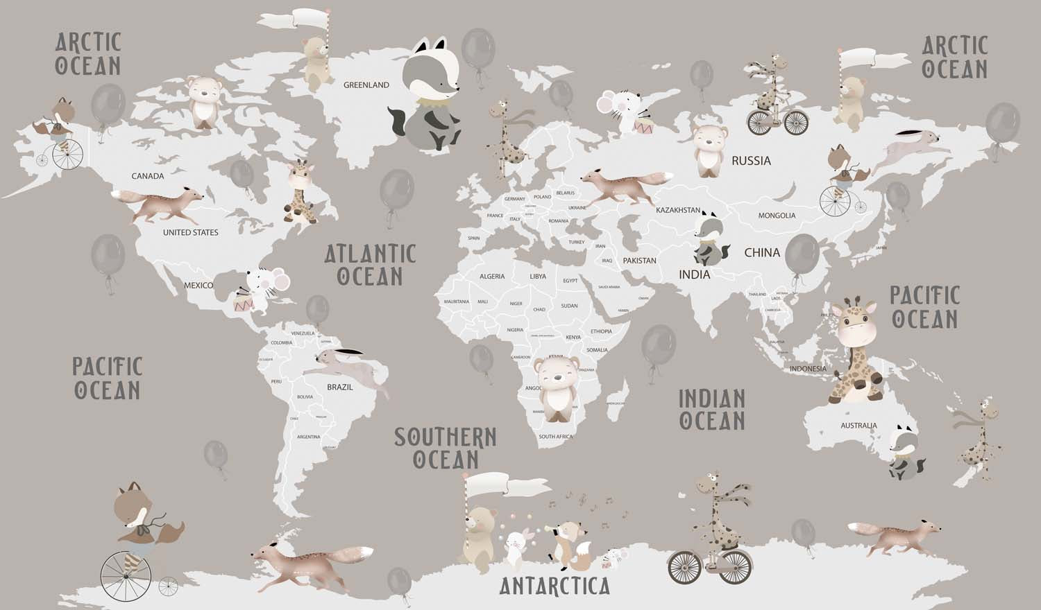 Tapet Personalizat Micii Exploratori cu harta lumii si animale calatoare pe un fundal bej - TRAVELING ANIMALS MAP GREJ