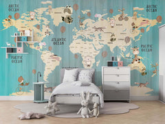 Tapet Personalizat Micii Exploratori cu harta lumii si oceane texturate in nuante de albastru - TEXTURED OCEAN MAP