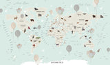 Tapet Personalizat Micii Exploratori cu harta lumii si baloane gri pe un fundal albastru deschis - GREJ BALLOONS MAP