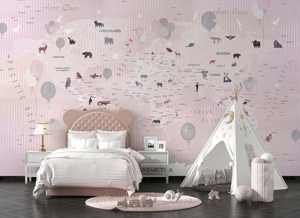 Tapet Personalizat Micii Exploratori cu harta lumii cu animale si baloane pe un fundal roz texturat - PINK TEXTURED ANIMALS MAP