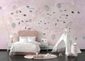 Tapet Personalizat Micii Exploratori cu harta lumii cu animale si baloane pe un fundal roz texturat - PINK TEXTURED ANIMALS MAP