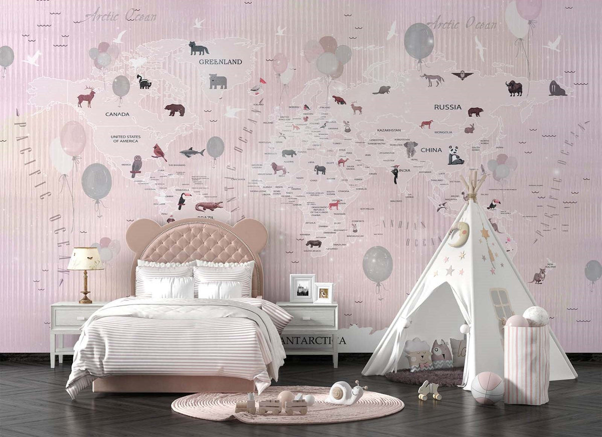 Tapet Personalizat Micii Exploratori cu harta lumii cu animale si baloane pe un fundal roz texturat - PINK TEXTURED ANIMALS MAP