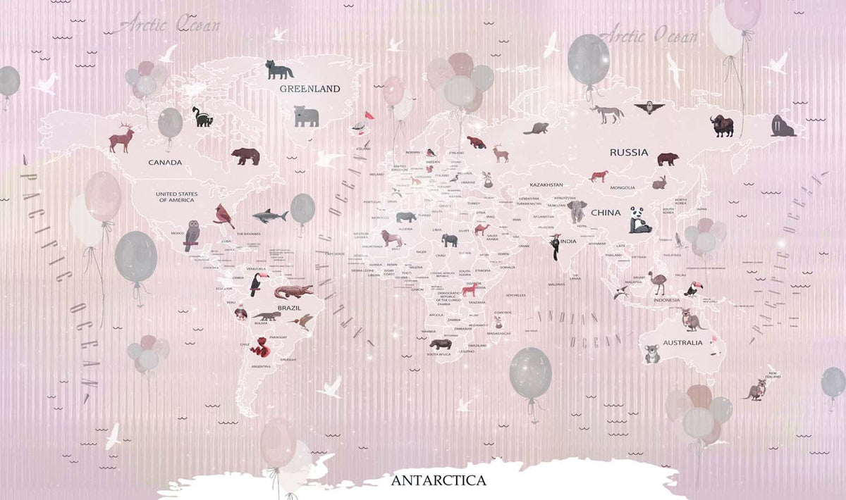Tapet Personalizat Micii Exploratori cu harta lumii cu animale si baloane pe un fundal roz texturat - PINK TEXTURED ANIMALS MAP