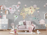 Tapet Personalizat Micii Exploratori cu harta globului pamantesc cu continente detaliate si baloane cu aer cald - GREY GLOBE MAP