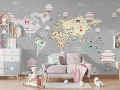 Tapet Personalizat Micii Exploratori cu harta globului pamantesc cu continente detaliate si baloane cu aer cald - GREY GLOBE MAP