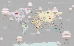 Tapet Personalizat Micii Exploratori cu harta globului pamantesc cu continente detaliate si baloane cu aer cald - GREY GLOBE MAP