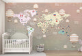 Tapet Personalizat Micii Exploratori cu harta globului pamantesc cu continente detaliate si baloane cu aer cald in nuante gradient - PEACHY GLOBE MAP