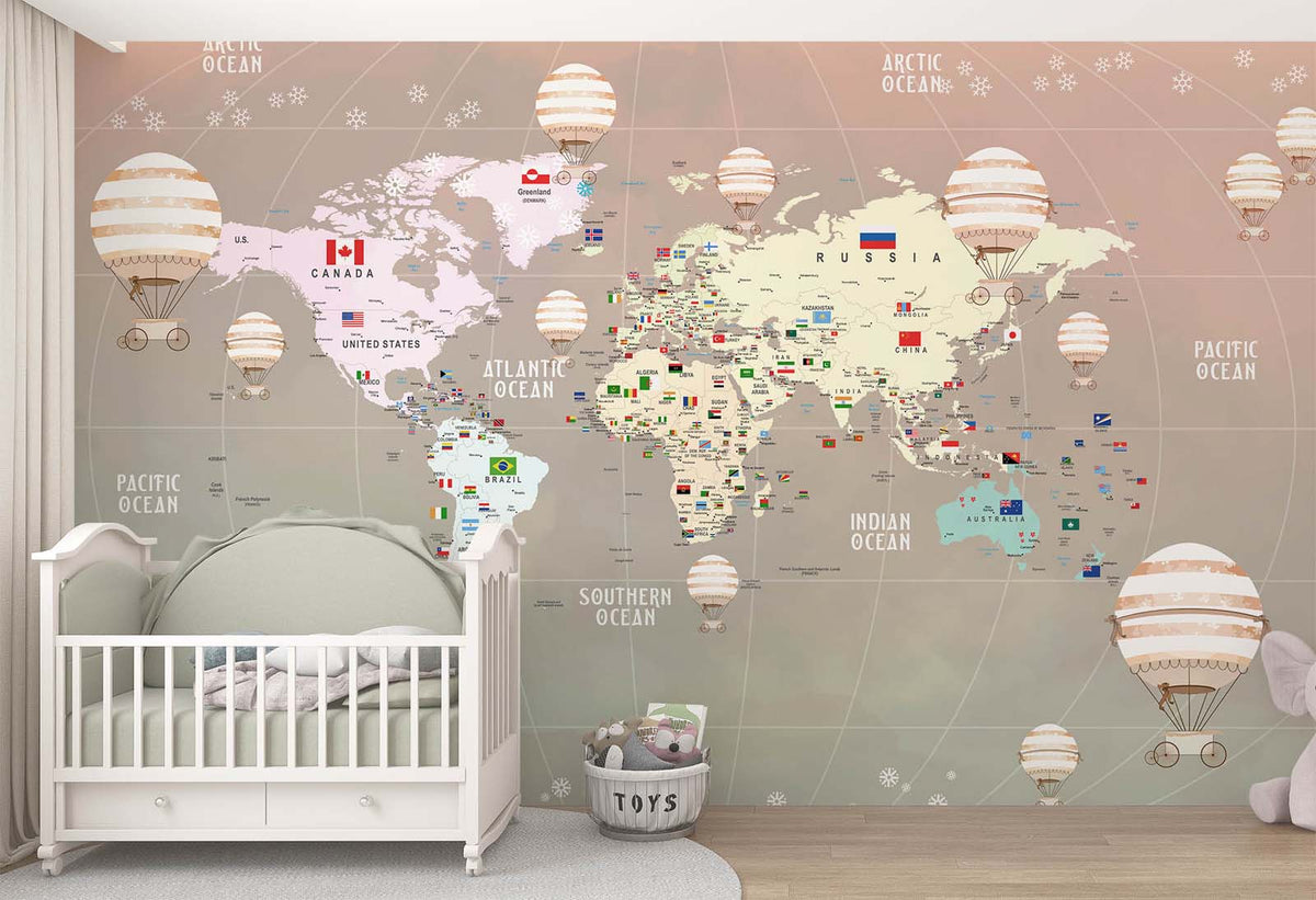 Tapet Personalizat Micii Exploratori cu harta globului pamantesc cu continente detaliate si baloane cu aer cald in nuante gradient - PEACHY GLOBE MAP