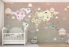 Tapet Personalizat Micii Exploratori cu harta globului pamantesc cu continente detaliate si baloane cu aer cald in nuante gradient - PEACHY GLOBE MAP