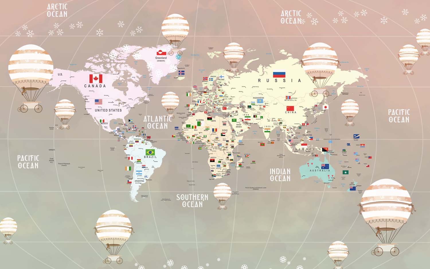 Tapet Personalizat Micii Exploratori cu harta globului pamantesc cu continente detaliate si baloane cu aer cald in nuante gradient - PEACHY GLOBE MAP