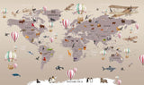 Tapet Personalizat Micii Exploratori cu harta lumii cu animale si baloane cu aer cald colorate - FLYING OVER THE MAP