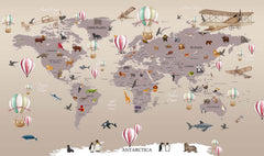 Tapet Personalizat Micii Exploratori cu harta lumii cu animale si baloane cu aer cald colorate - FLYING OVER THE MAP