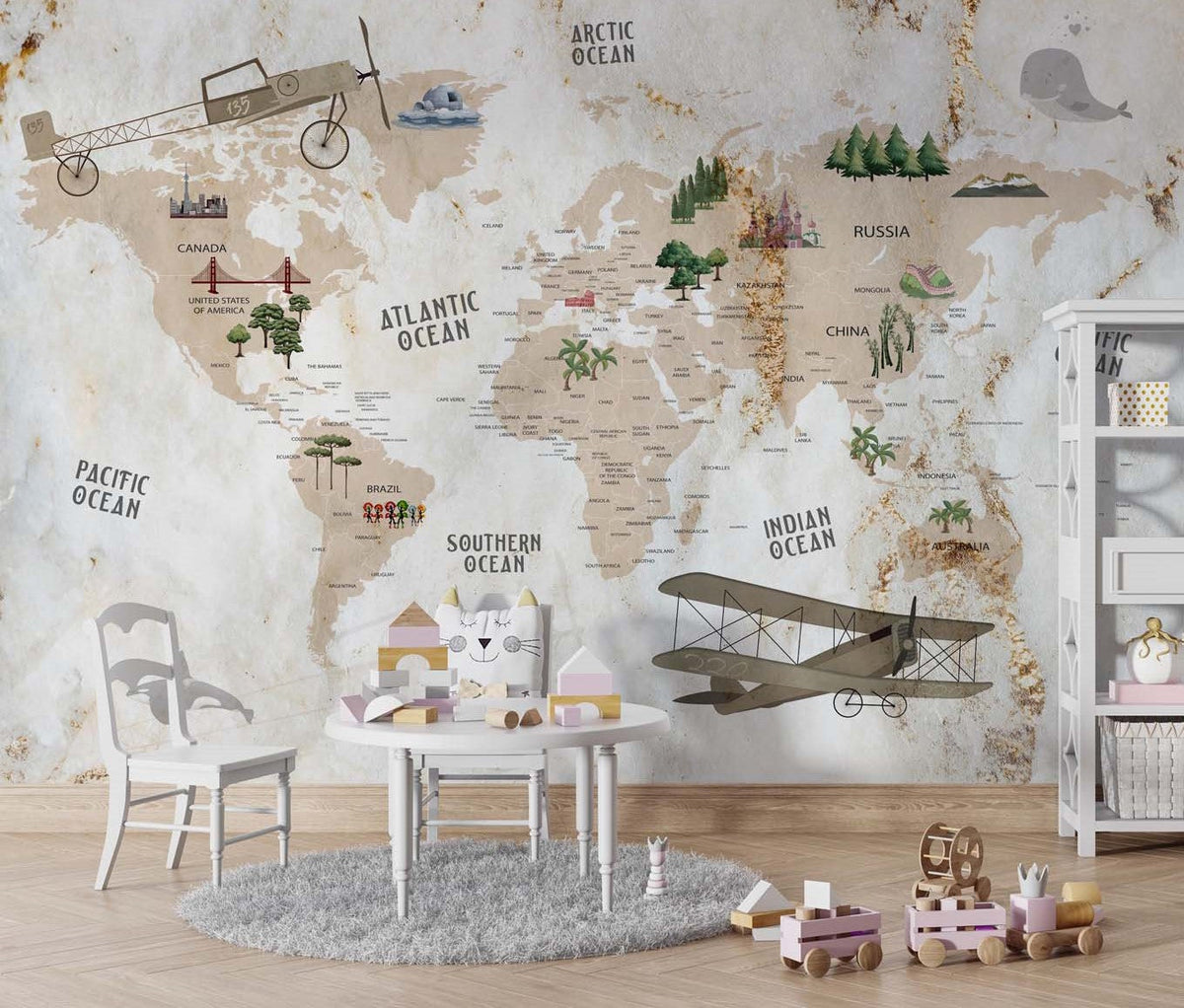 Tapet Personalizat Micii Exploratori cu harta lumii si vegetatie pe un fundal de hartie vintage texturata - RUSTIC PLANE MAP