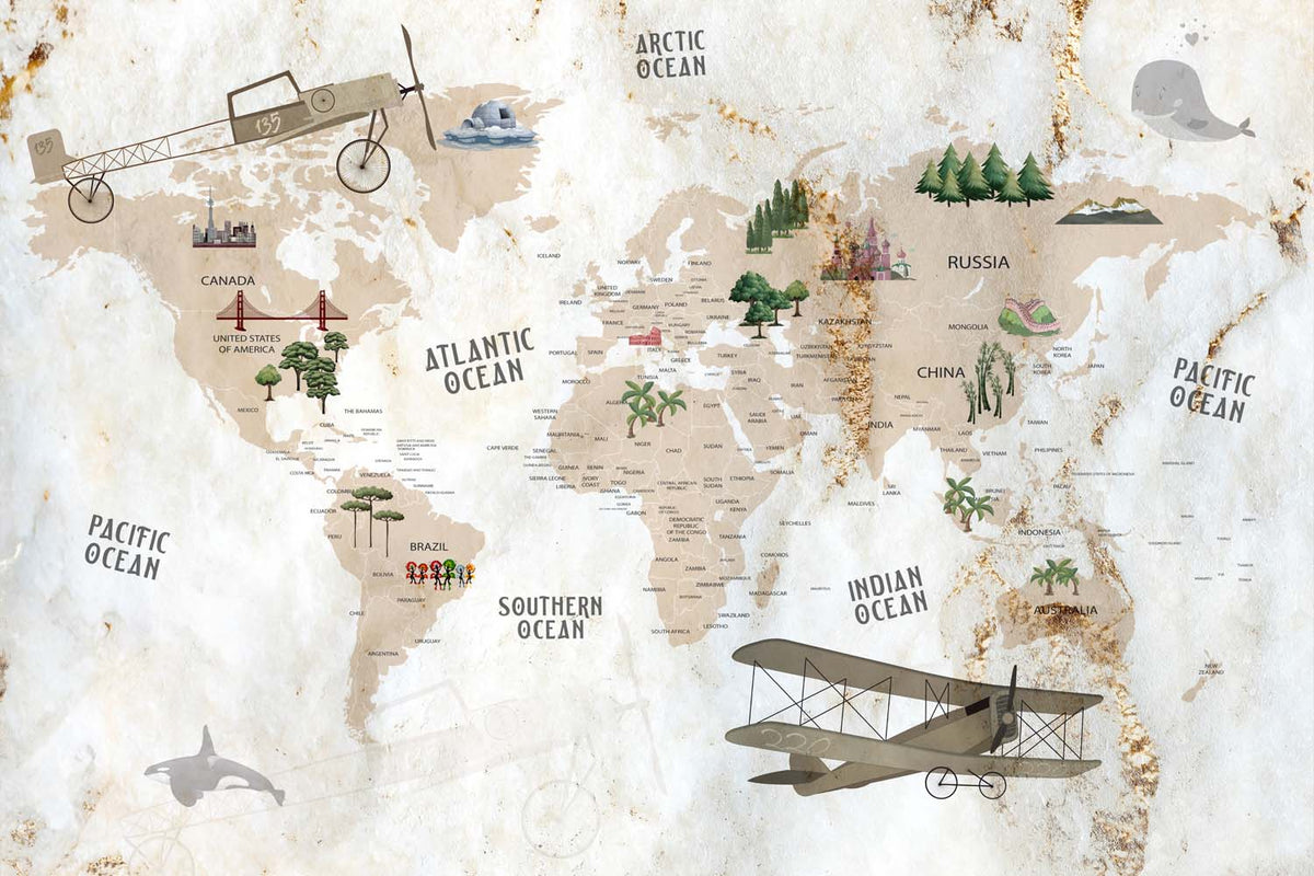 Tapet Personalizat Micii Exploratori cu harta lumii si vegetatie pe un fundal de hartie vintage texturata - RUSTIC PLANE MAP