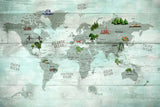 Tapet Personalizat Micii Exploratori cu harta lumii pe un fundal de placi de lemn in nuante de verde - GREEN WOOD TEXTURED MAP