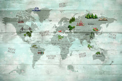 Tapet Personalizat Micii Exploratori cu harta lumii pe un fundal de placi de lemn in nuante de verde - GREEN WOOD TEXTURED MAP