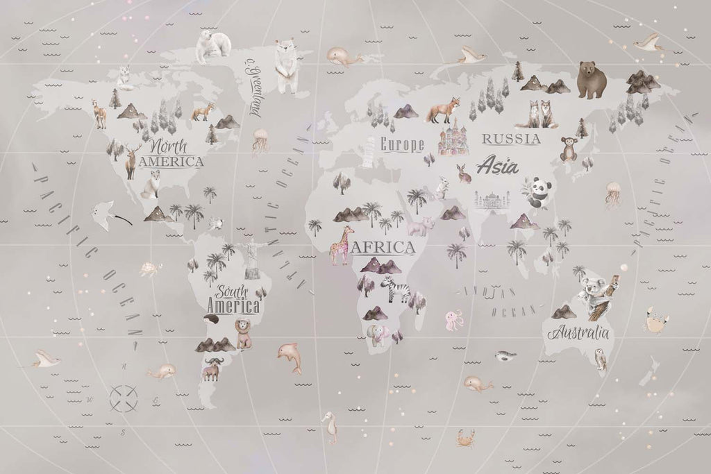 Tapet Personalizat Micii Exploratori cu harta lumii cu palmieri si animale in nuante de gri - GREJ GLOBE MAP