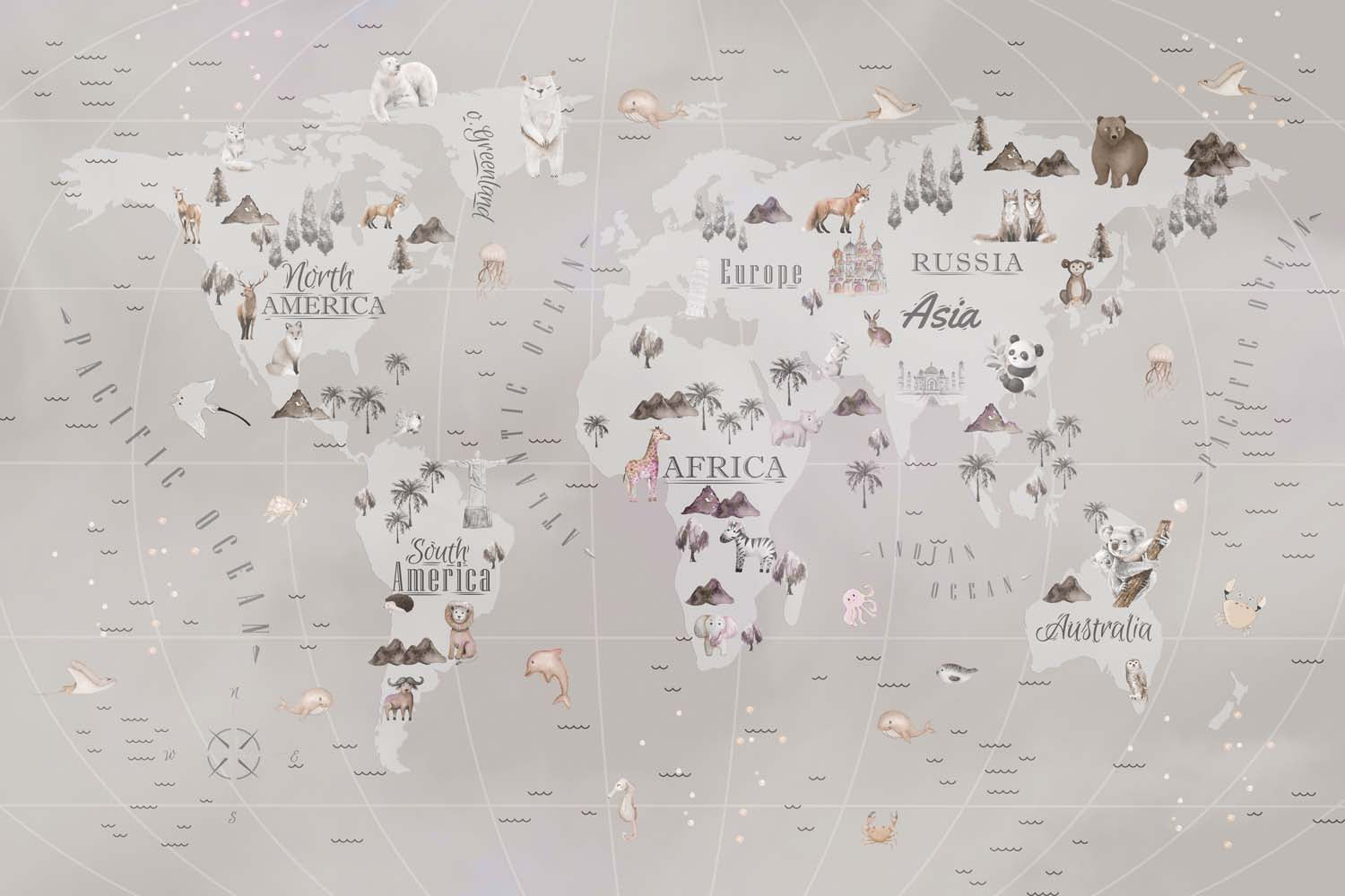 Tapet Personalizat Micii Exploratori cu harta lumii cu palmieri si animale in nuante de gri - GREJ GLOBE MAP