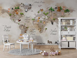 Tapet Personalizat Micii Exploratori cu cu harta lumii si vegetatie pe un fundal de hartie vintage watercolor - OLD PAPER MAP