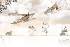 Tapet Personalizat Micii Exploratori cu animale in echilibru pe franghie si avioane in nuante de sepia bej - BALANCE IN THE CLOUDS