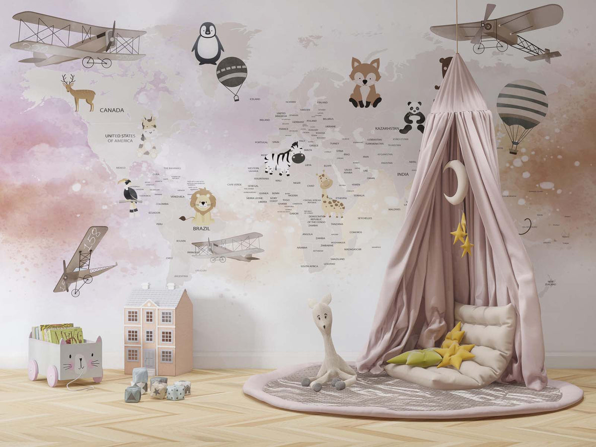 Tapet Personalizat Micii Exploratori cu harta lumii cu animalute si avioane intr-un fundal multicolor - PEACHY PINK MAP