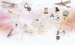 Tapet Personalizat Micii Exploratori cu harta lumii cu animalute si avioane intr-un fundal multicolor - PEACHY PINK MAP