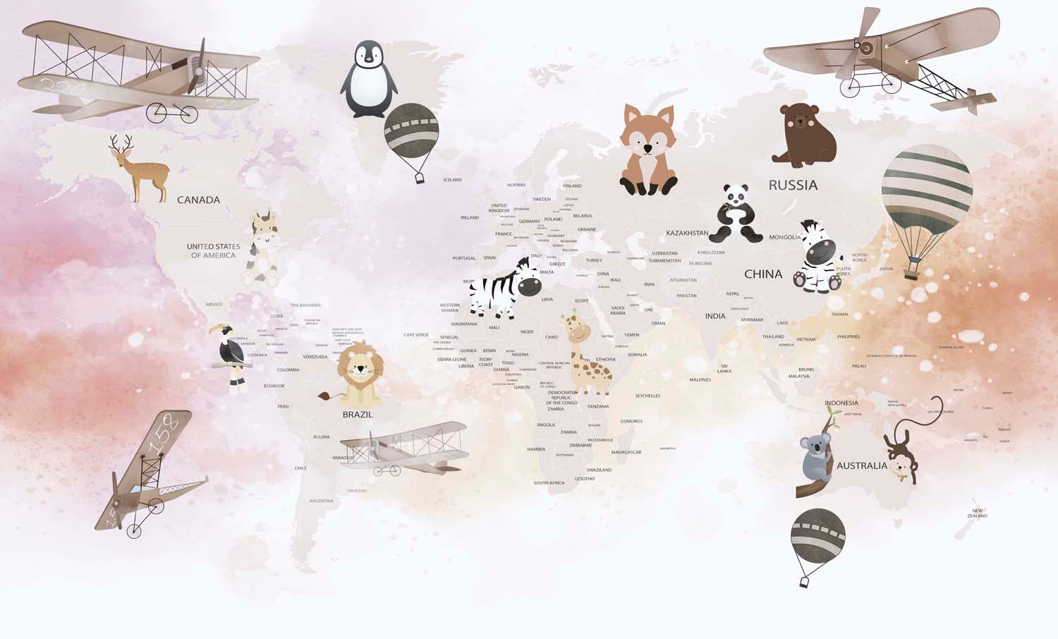 Tapet Personalizat Micii Exploratori cu harta lumii cu animalute si avioane intr-un fundal multicolor - PEACHY PINK MAP