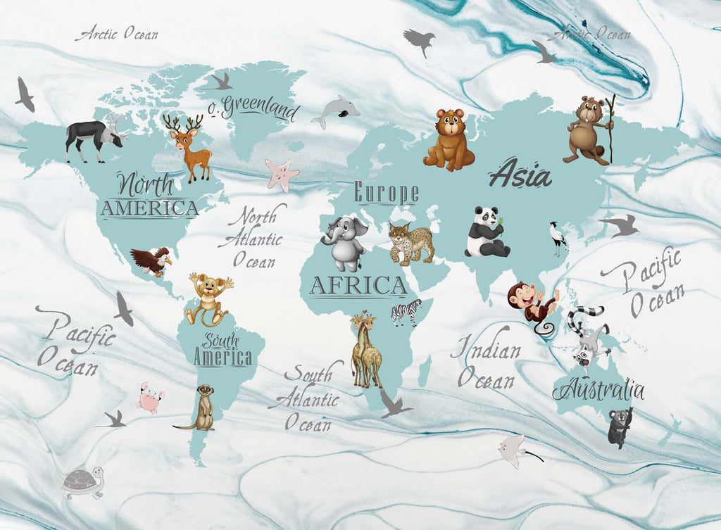 Tapet Personalizat Micii Exploratori cu harta continentelor si fundal de ghetar in nuante de albastru - ICEBERG MAP