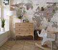 Tapet Personalizat Micii Exploratori cu harta lumii pentru copii cu animale si vegetatie pe un fundal de marmura bej - MARBLE KID'S MAP