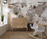 Tapet Personalizat Micii Exploratori cu harta lumii pentru copii cu animale si vegetatie pe un fundal de marmura bej - MARBLE KID'S MAP