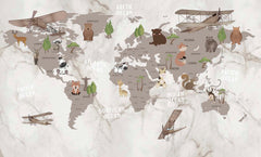 Tapet Personalizat Micii Exploratori cu harta lumii pentru copii cu animale si vegetatie pe un fundal de marmura bej - MARBLE KID'S MAP