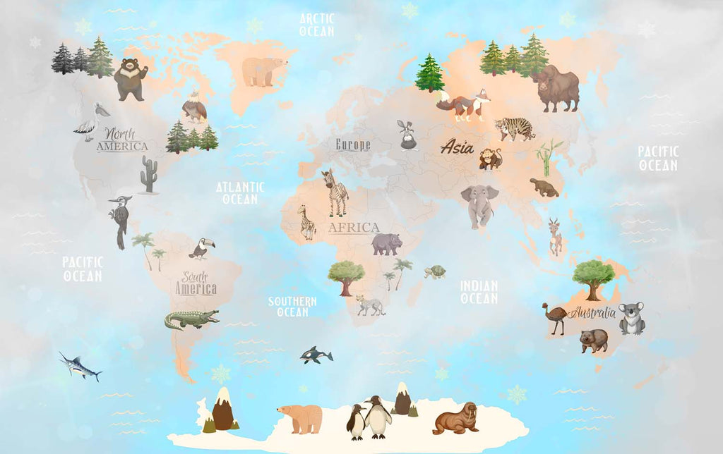 Tapet Personalizat Micii Exploratori cu harta lumii pe continente cu vegetatie, animale exotice si fundal in ceata - FOGGY OCEAN MAP