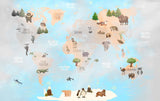 Tapet Personalizat Micii Exploratori cu harta lumii pe continente cu vegetatie, animale exotice si fundal in ceata - FOGGY OCEAN MAP