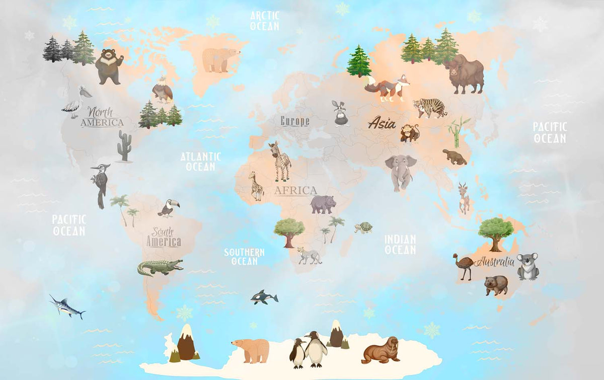 Tapet Personalizat Micii Exploratori cu harta lumii pe continente cu vegetatie, animale exotice si fundal in ceata - FOGGY OCEAN MAP