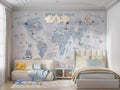 Tapet Personalizat Micii Exploratori cu harta lumii pentru copii si fundal in dungi albastru baby blue - BABY BLUE KID'S MAP