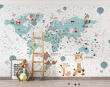 Tapet Personalizat Micii Exploratori cu harta lumii pentru detaliata cu steaguri si animale - BUBBLE KID'S MAP