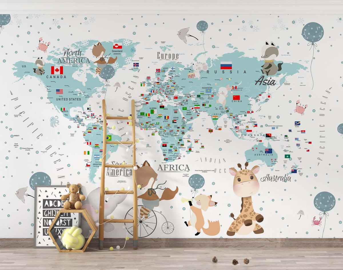Tapet Personalizat Micii Exploratori cu harta lumii pentru detaliata cu steaguri si animale - BUBBLE KID'S MAP