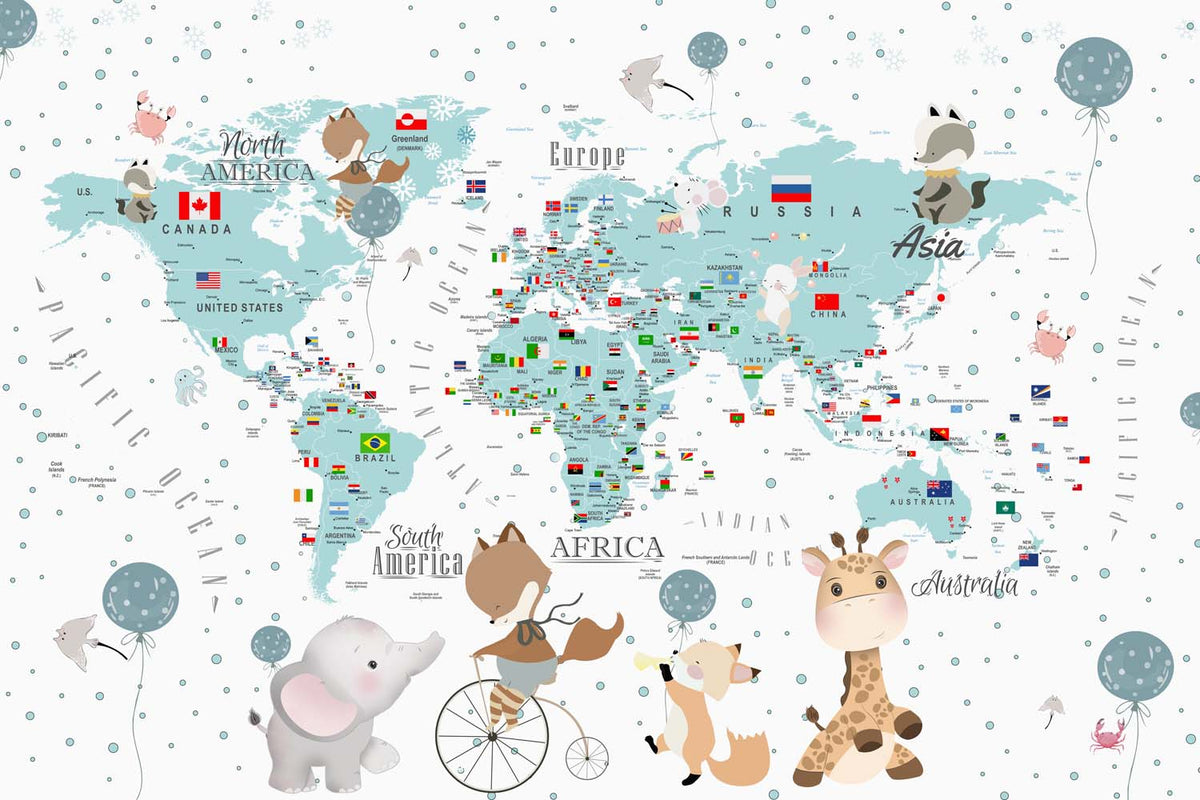 Tapet Personalizat Micii Exploratori cu harta lumii pentru detaliata cu steaguri si animale - BUBBLE KID'S MAP