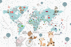 Tapet Personalizat Micii Exploratori cu harta lumii pentru detaliata cu steaguri si animale - BUBBLE KID'S MAP