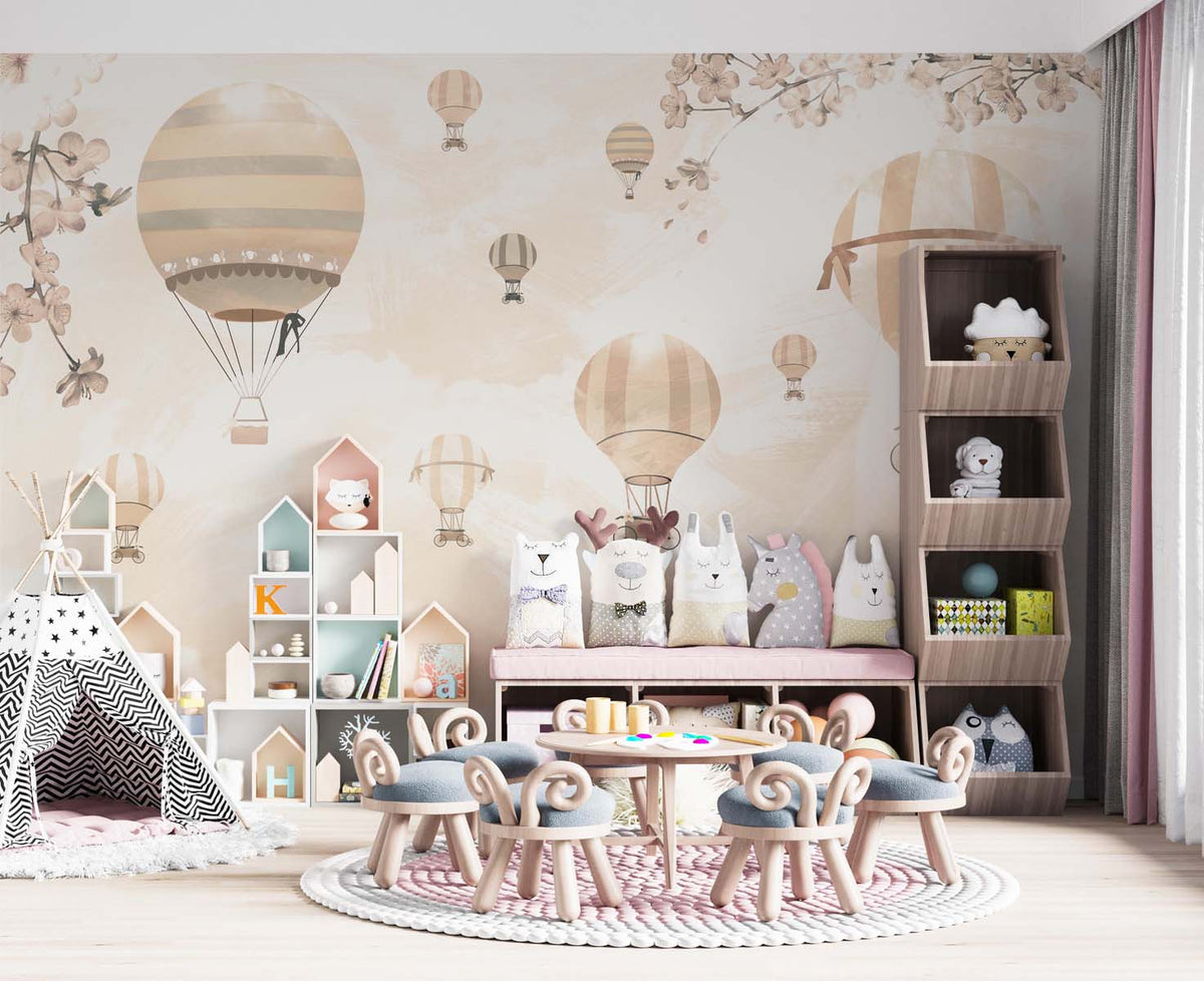 Tapet Personalizat Micii Exploratori cu baloane cu aer cald si fundal bej texturat - BEIGE PLASTERED BALLOONS