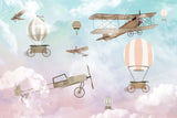 Tapet Personalizat Micii Exploratori cu avioane si baloane cu aer cald pe un fundal gradient albastru-roz - PINK AND BLUE SKY